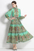 Autumn Retro Court Style, Lantern Sleeve, Belted, Ruffled Paisley Pattern Long Party, Festive Renaissance Dress - Mint